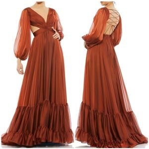 Mac Duggal NWT Copper Pleated
Cut Out Long Sleeve Lace Up Tie